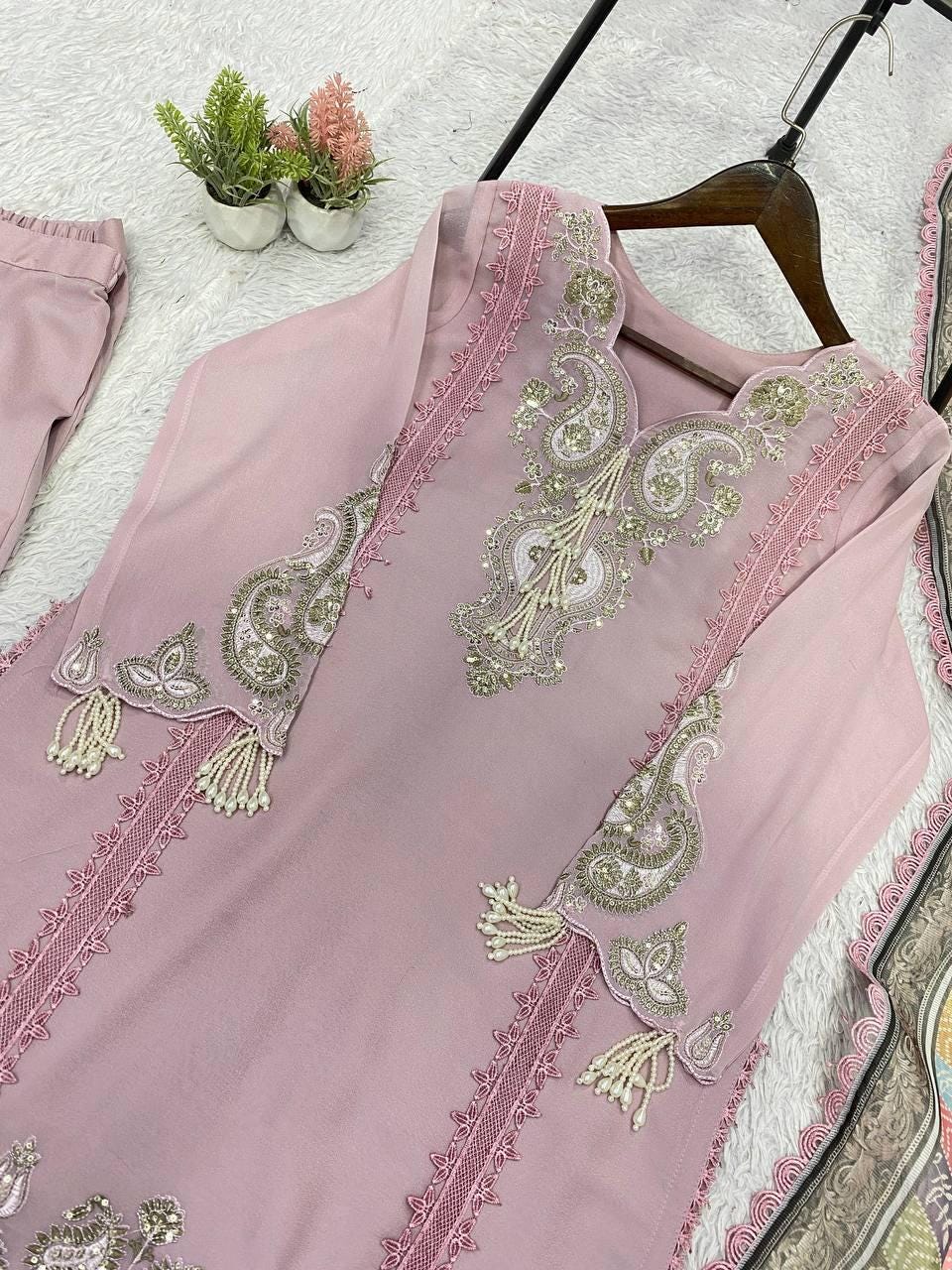 Baby Pink Star Georgette Top Palazzo Set | Sequence Embroidery, Printed Organza Dupatta