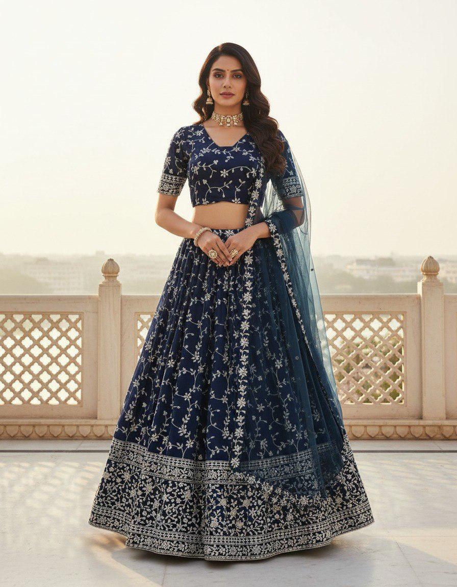 Designer Indian Wedding Lehenga Choli Set: Royal Blue Georgette Embroidery (Made To Order)
