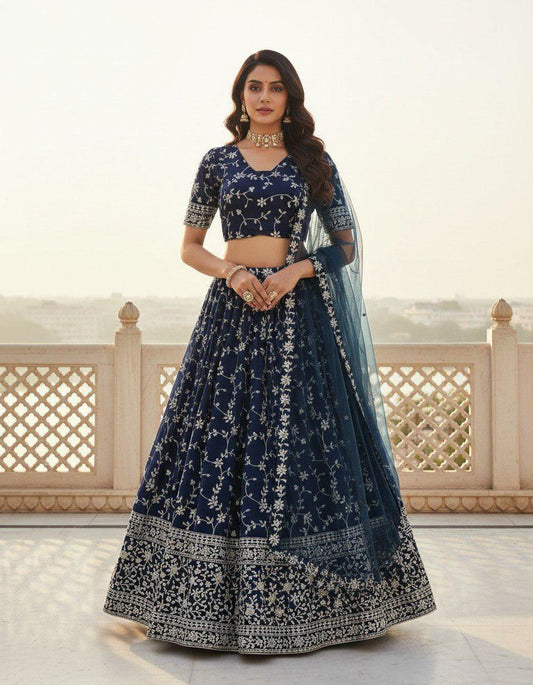 Designer Indian Wedding Lehenga Choli Set: Royal Blue Georgette Embroidery (Made To Order)