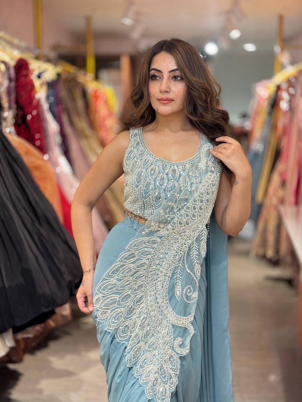 Ready-to-Wear Blue Silk Drape Saree with Sequins Work Blouse