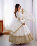 White Anarkali Gown Set — Faux Georgette, Sequin Embroidery