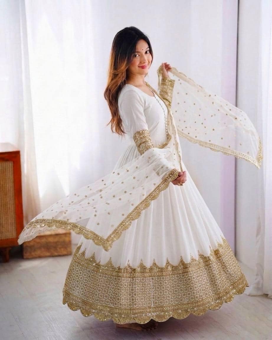 White Anarkali Gown Set — Faux Georgette, Sequin Embroidery