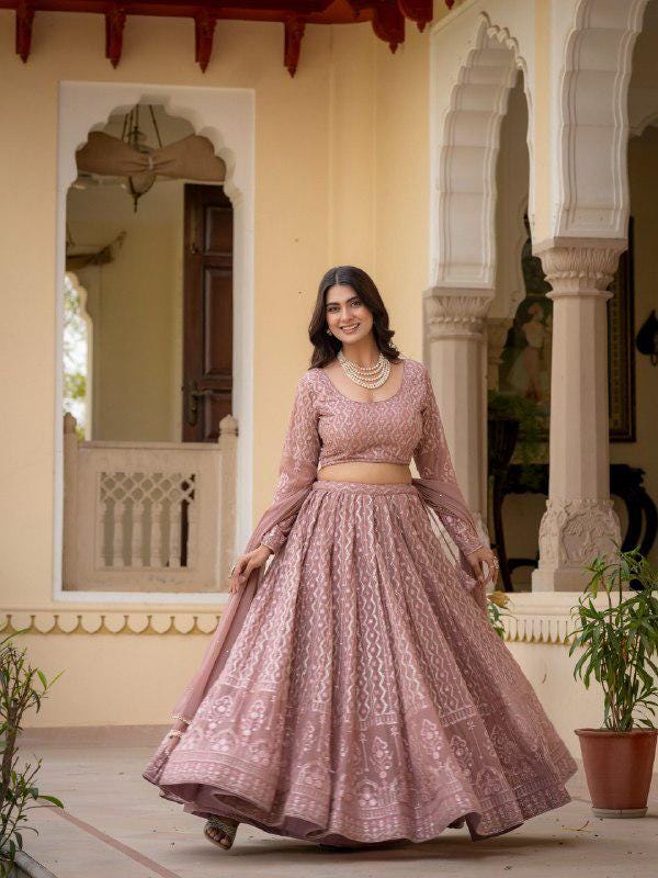 Rosy Brown Embroidered Lehenga Choli Set, Custom Stitched Faux Georgette Traditional Wear