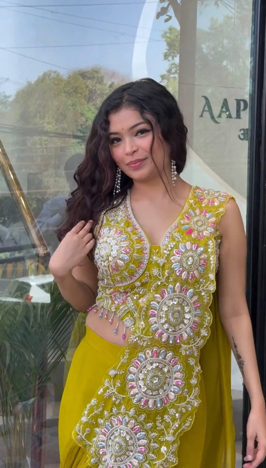 Ready-to-Wear Yellow Faux Georgette Drape Saree with Sequins Work, Stitched Blouse