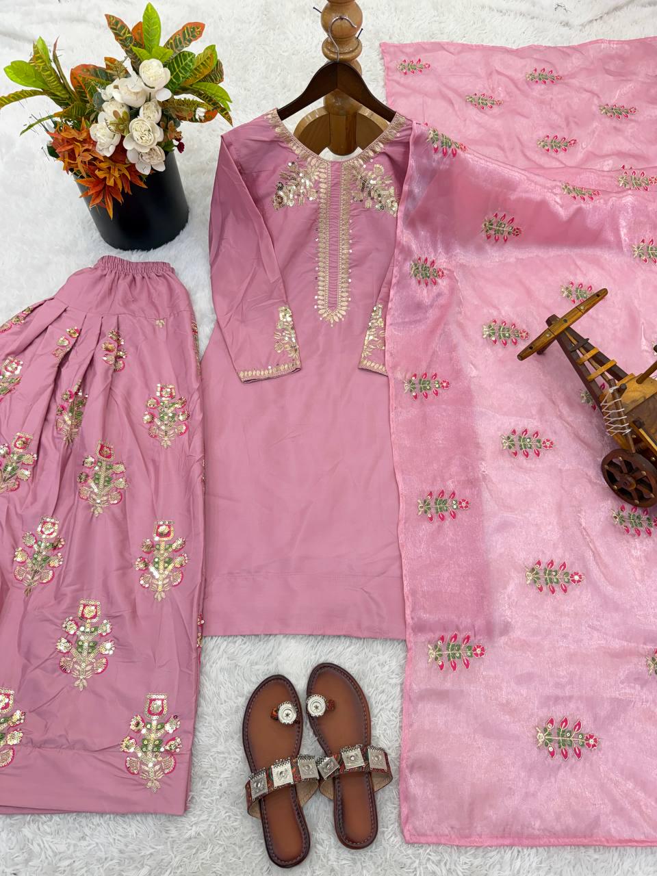 Pink Crepe Silk Suit Set, Heavy Embroidery Party Outfit, Ready Wear Indian Dress