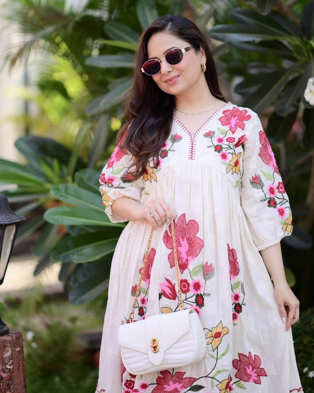 Trendy Rayon Embroidered Maxi Gown | Summer Friendly Long Flare Dress | Fully Stitched Boho Ethnic Anarkali Gown For Women Party Wear