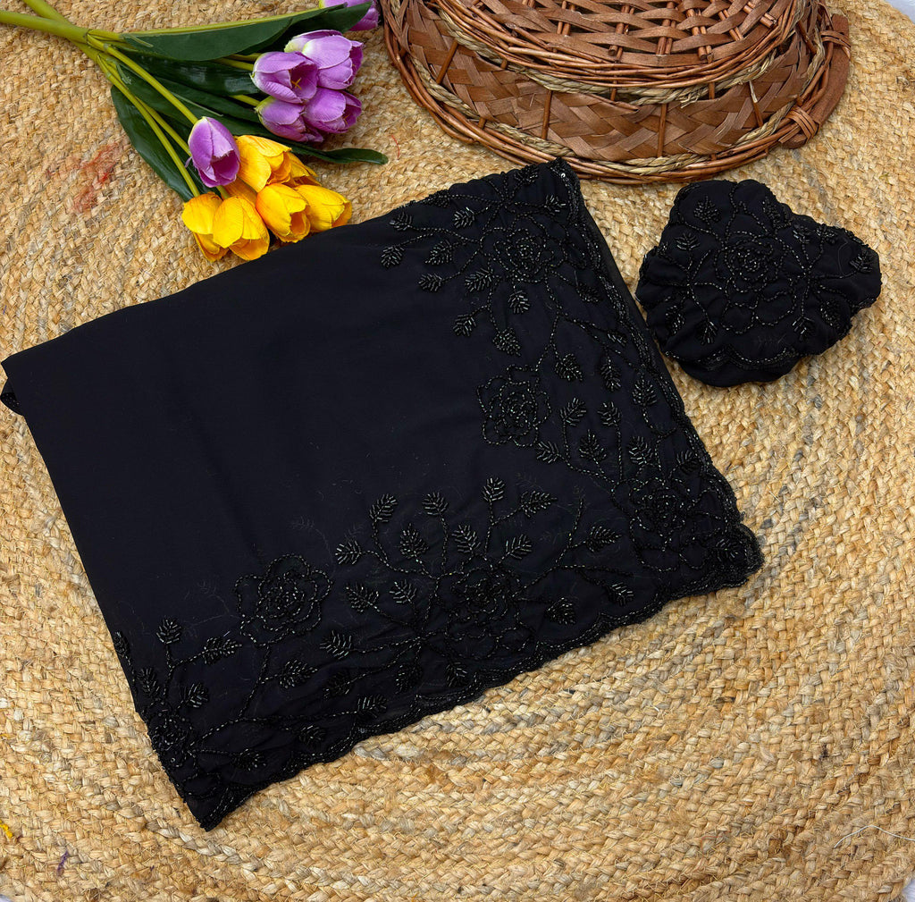Black Fox Georgette Saree with Beadwork & Cutwork Border