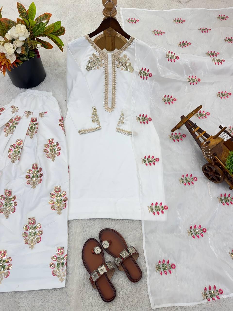 White Crepe Silk Salwar Kameez, Sequence Embroidery, Ready-to-Wear Indian Outfit, Farshi Pant