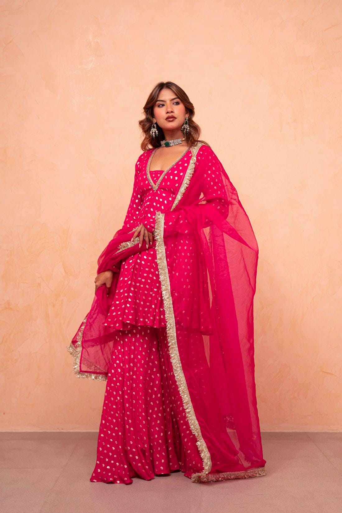 Royal Pink Jacquard Chanderi Silk Kurti Sharara Suit with Real Mirror Work, Net Dupatta