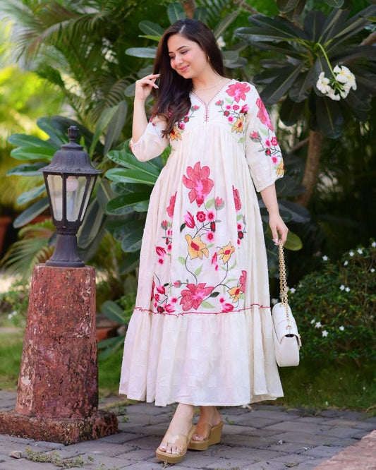 Trendy Rayon Embroidered Maxi Gown | Summer Friendly Long Flare Dress | Fully Stitched Boho Ethnic Anarkali Gown For Women Party Wear