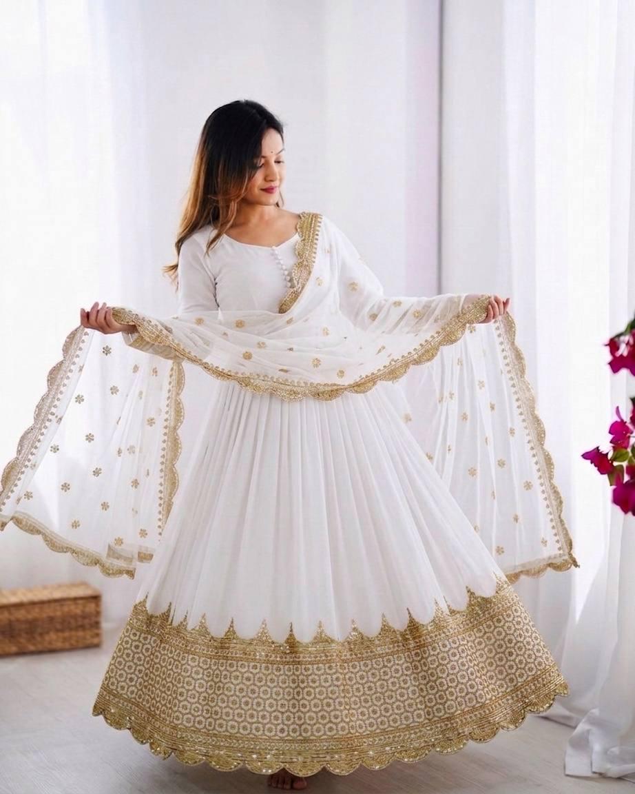 White Anarkali Gown Set — Faux Georgette, Sequin Embroidery