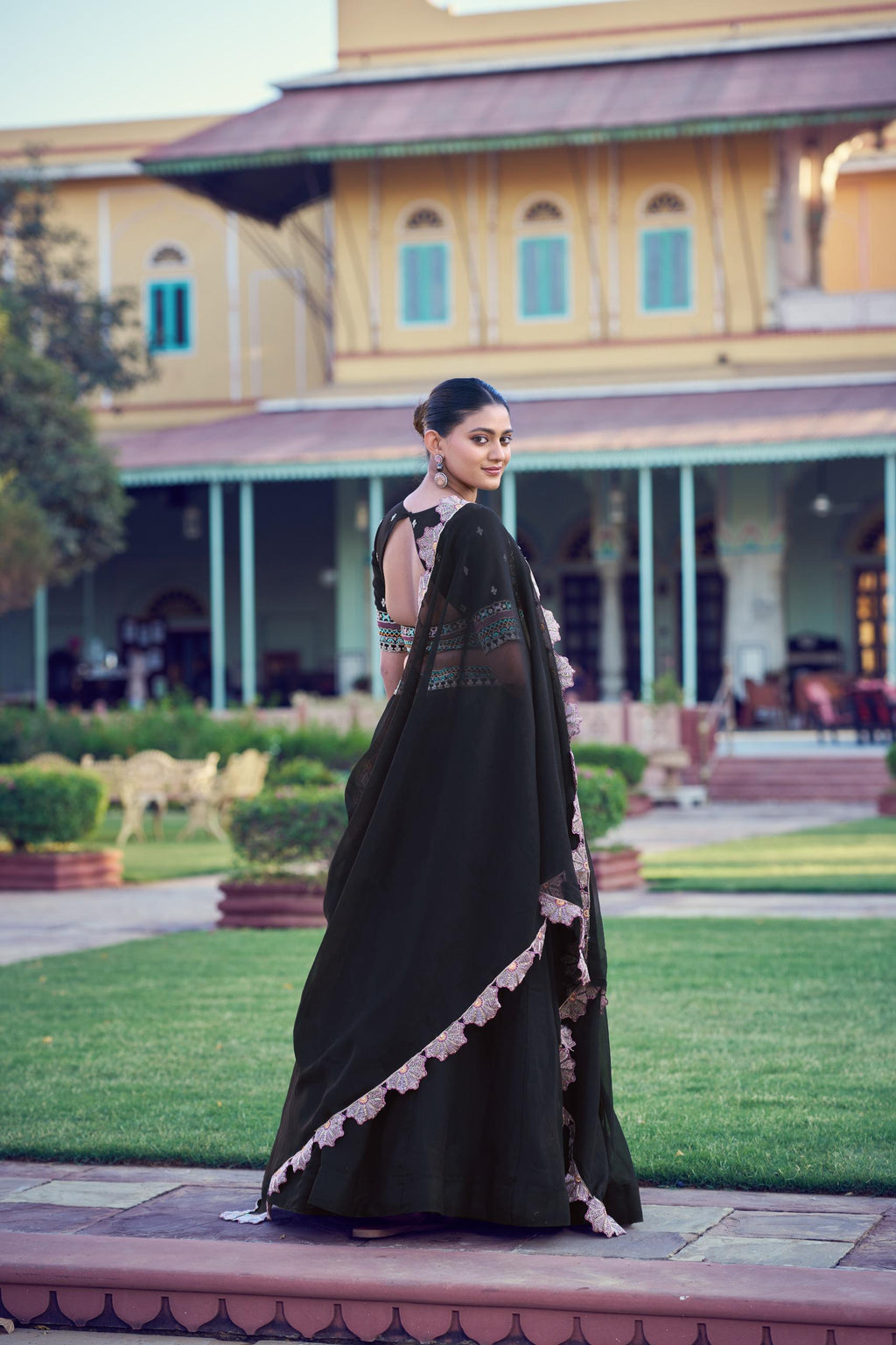 Black Georgette Lehenga Choli Set, Thread Sequins Embroidery, Floral Dupatta