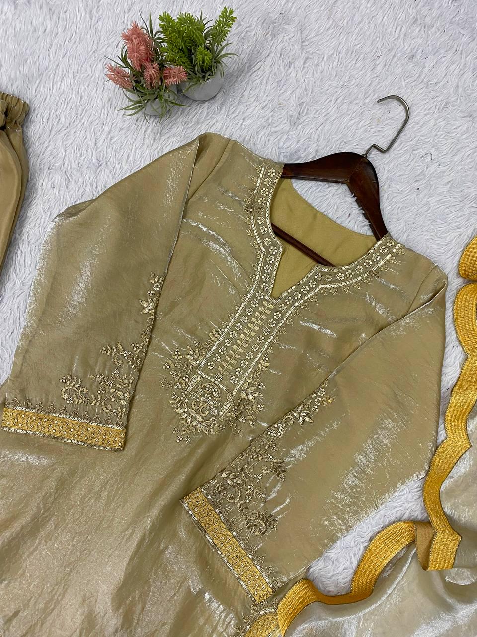 Indian Festival Designer Beige Gold Fendy Silk Sequence Embroidery Work Top, Palazzo & Dupatta Set