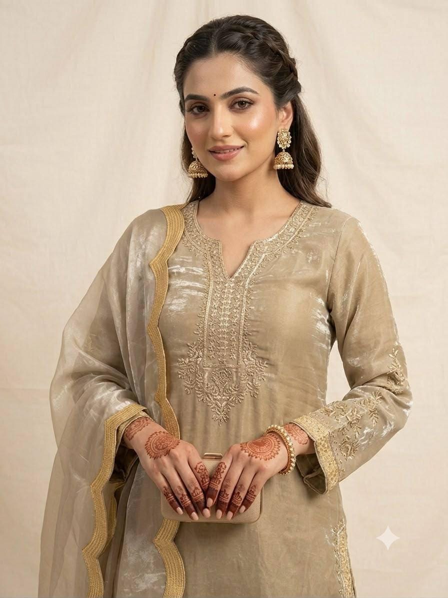 Indian Festival Designer Beige Gold Fendy Silk Sequence Embroidery Work Top, Palazzo & Dupatta Set