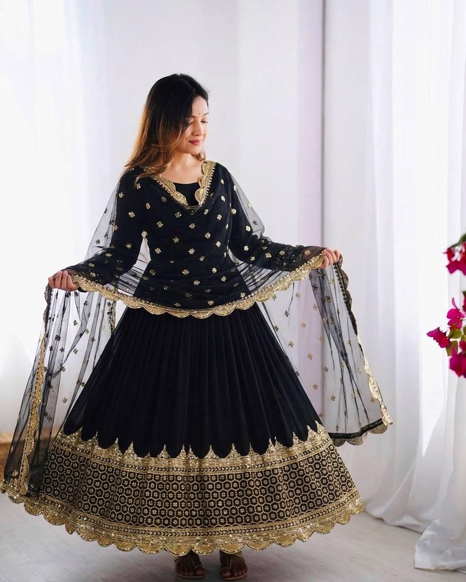 Black Embroidered Anarkali Gown Set, Faux Georgette Sequence Work, Party Wear Ethnic Dress