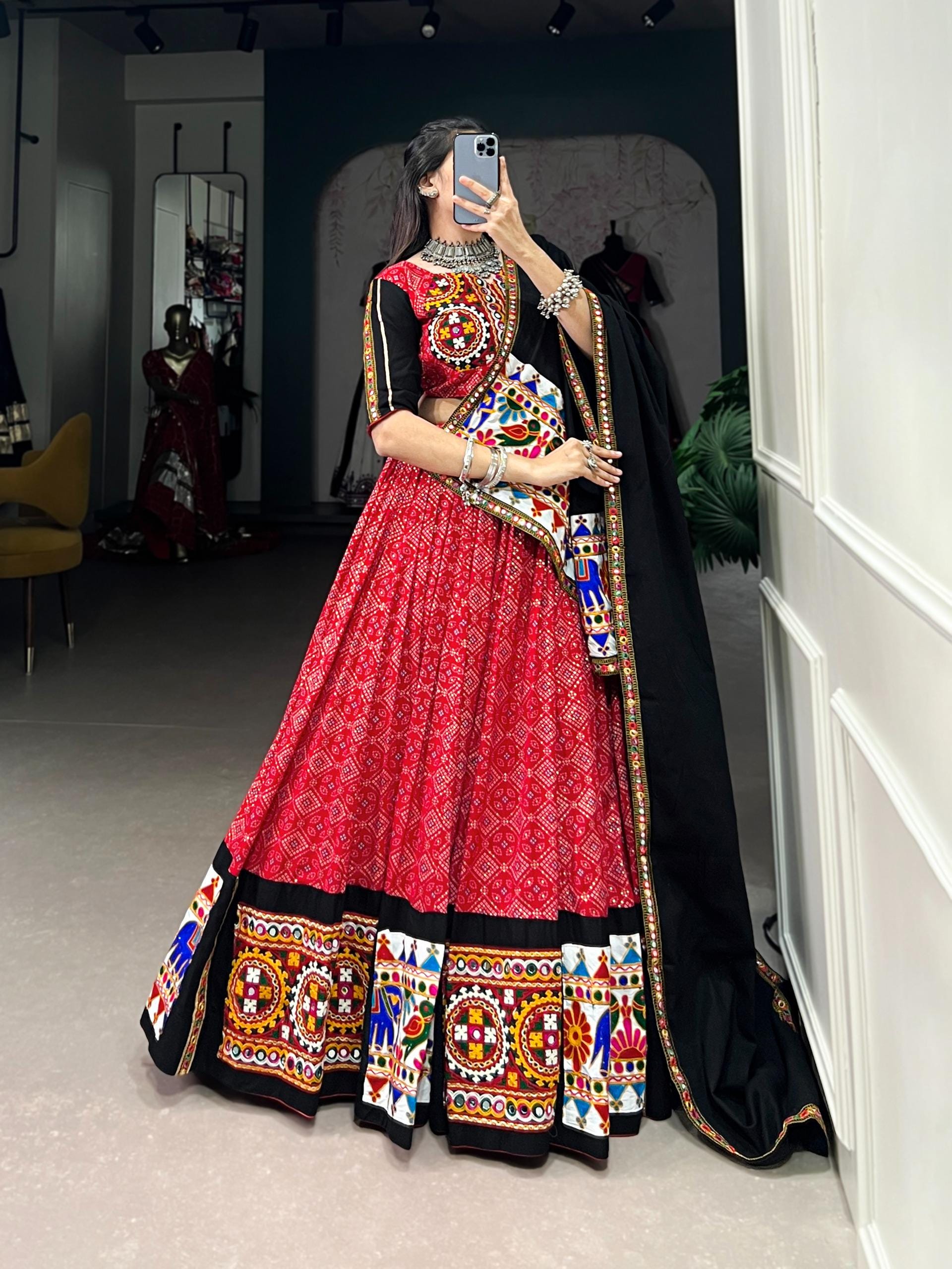 Mustard Yellow Cotton Lehenga Choli Set | Gamthi Work, Mirror Lace Ghagra Choli