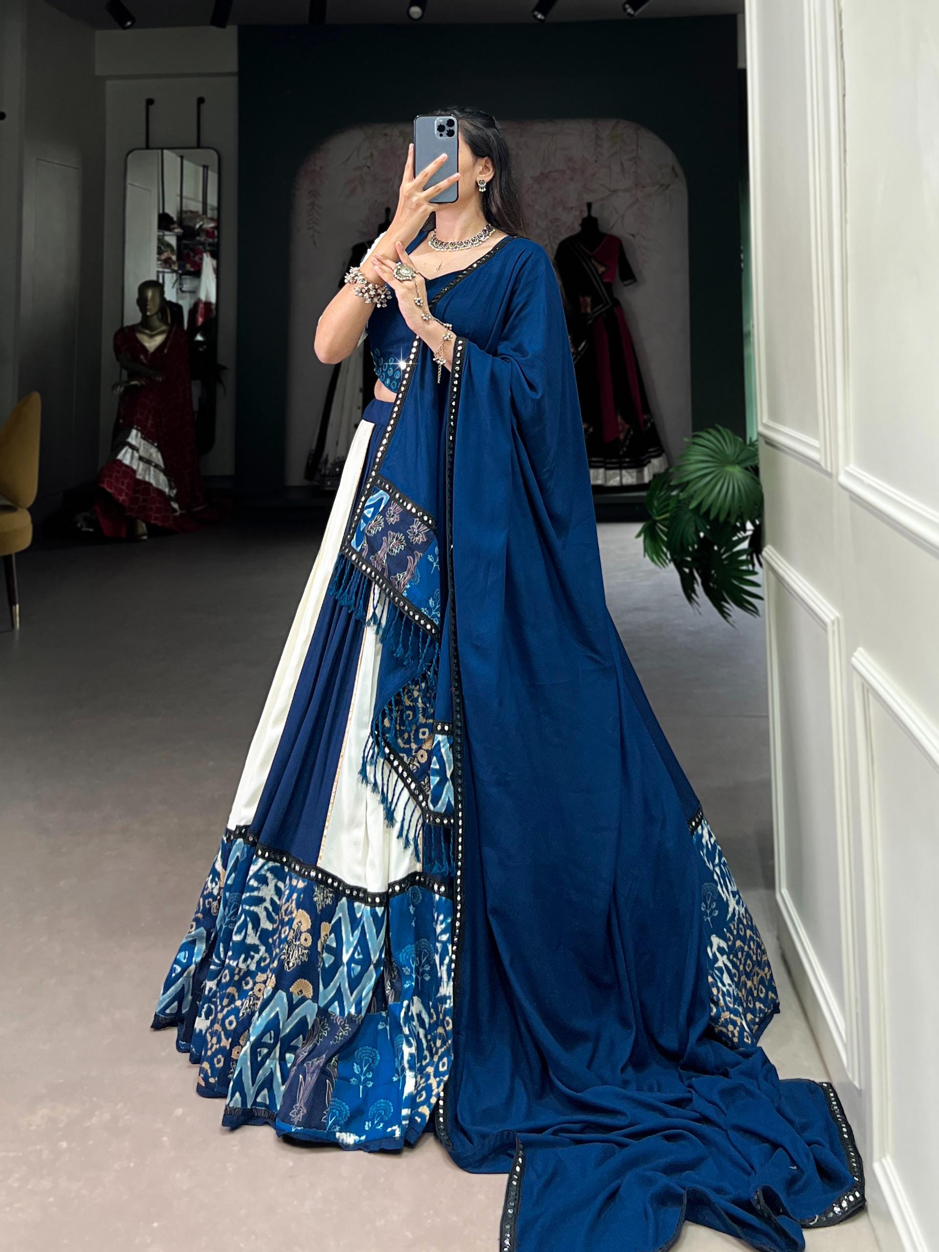 White Blue Mirror Work Lehenga Choli Set | Pure Rayon Dupatta Ensemble