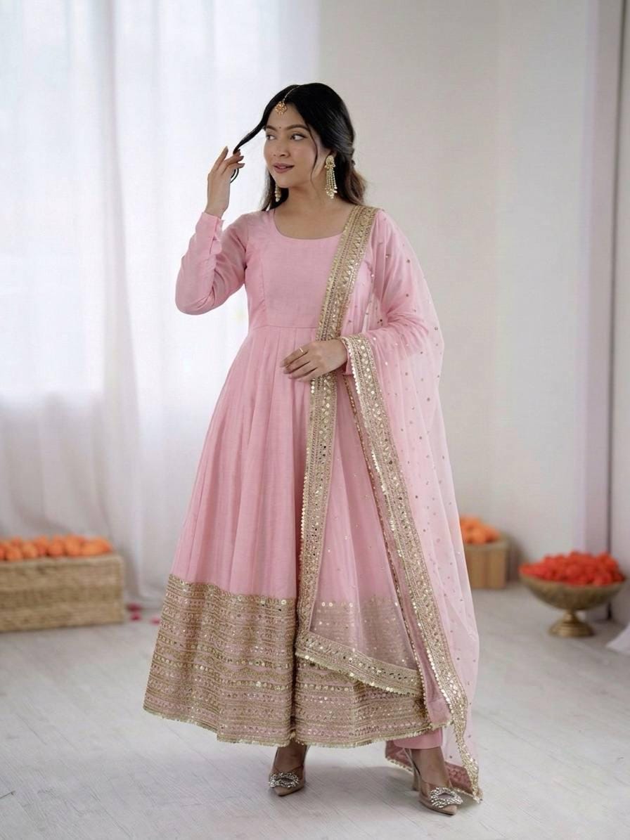 White Georgette Aliya Cut Gown with Dupatta – Embroidered Party Wear Ensemble