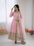 White Georgette Aliya Cut Gown with Dupatta – Embroidered Party Wear Ensemble