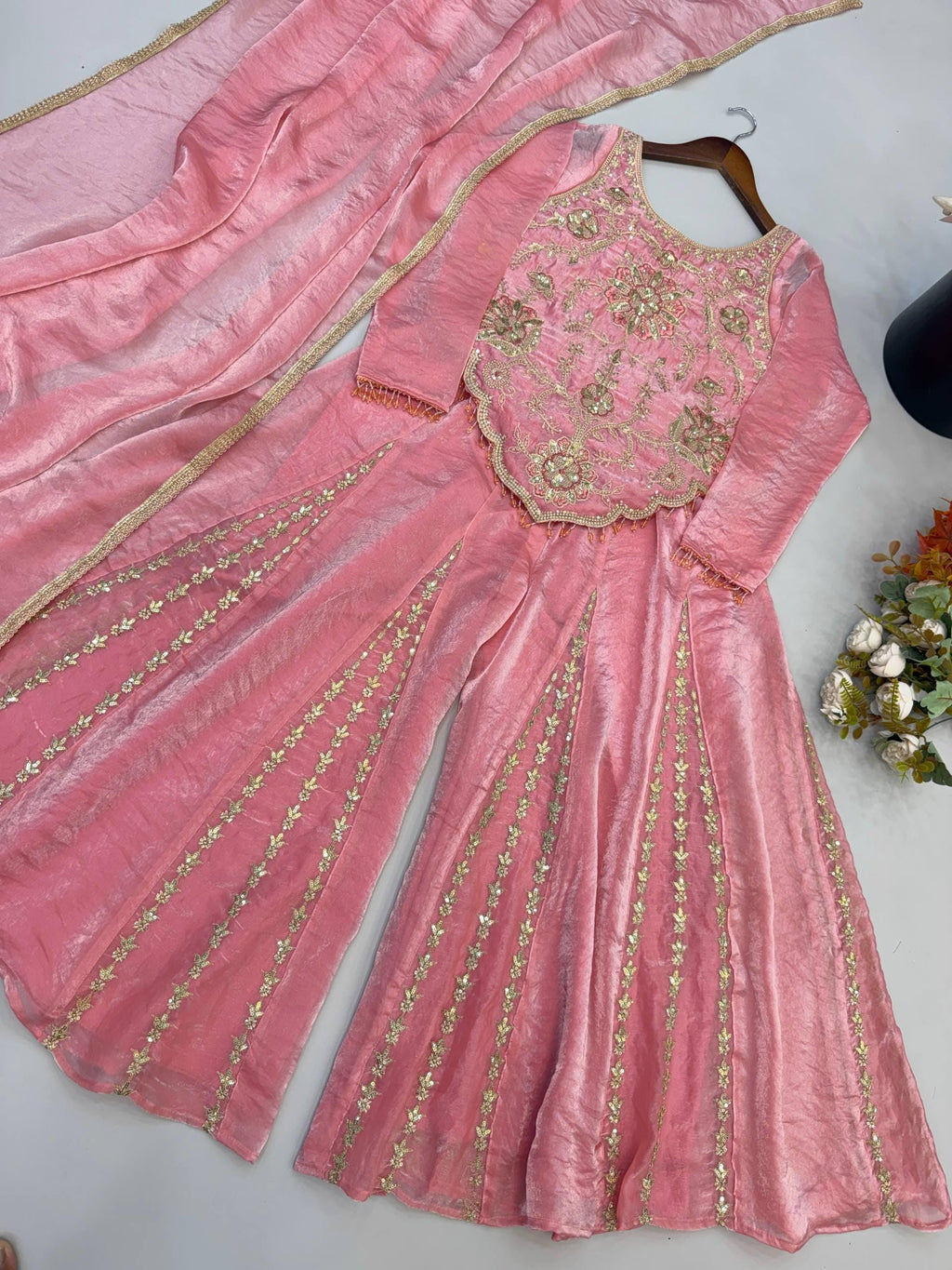 Designer Baby Pink Fendy Silk Embroidery Coding & Sequence Work Sharara Suit Set Custom Stitched