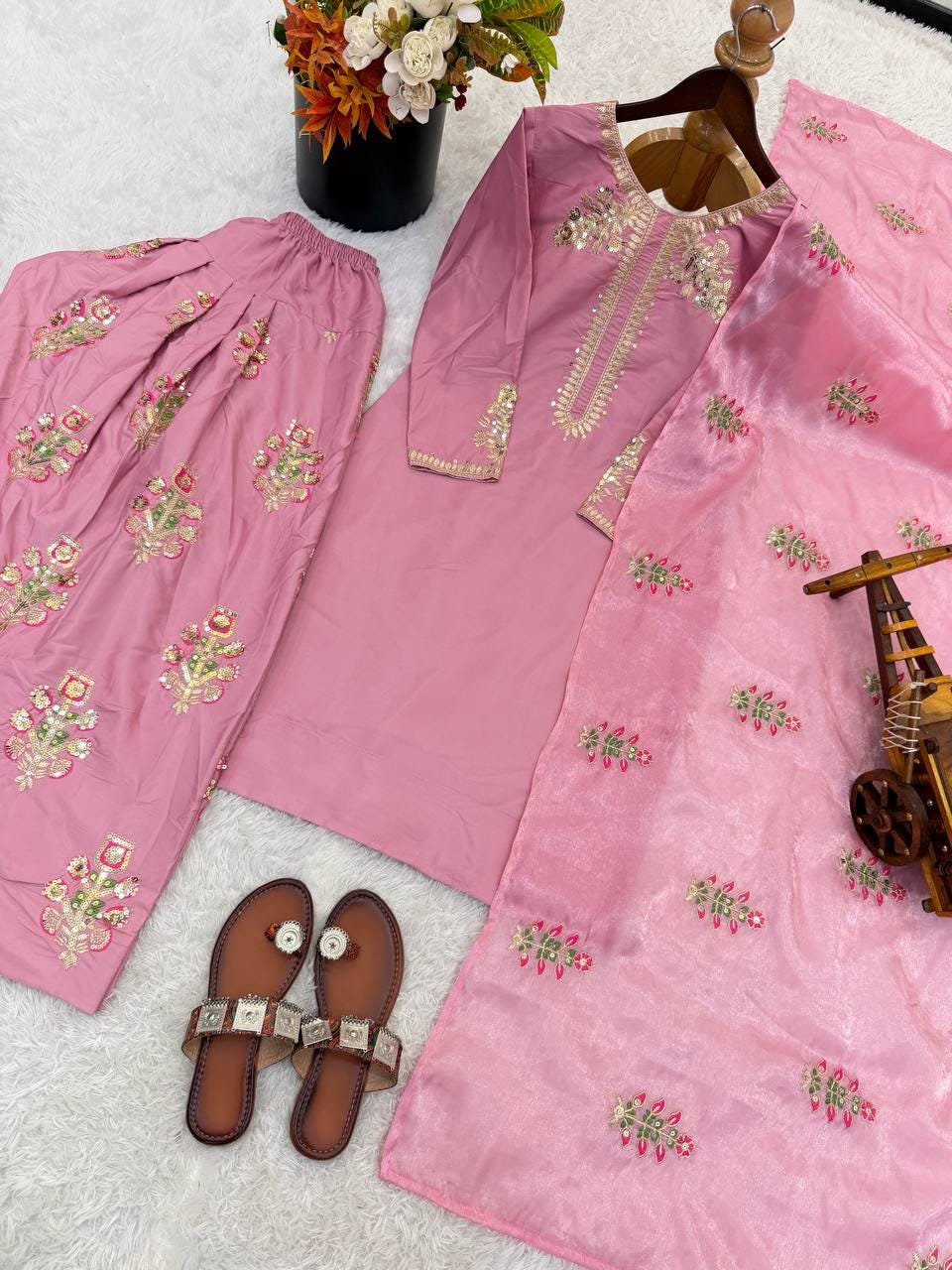 Pink Crepe Silk Suit Set, Heavy Embroidery Party Outfit, Ready Wear Indian Dress