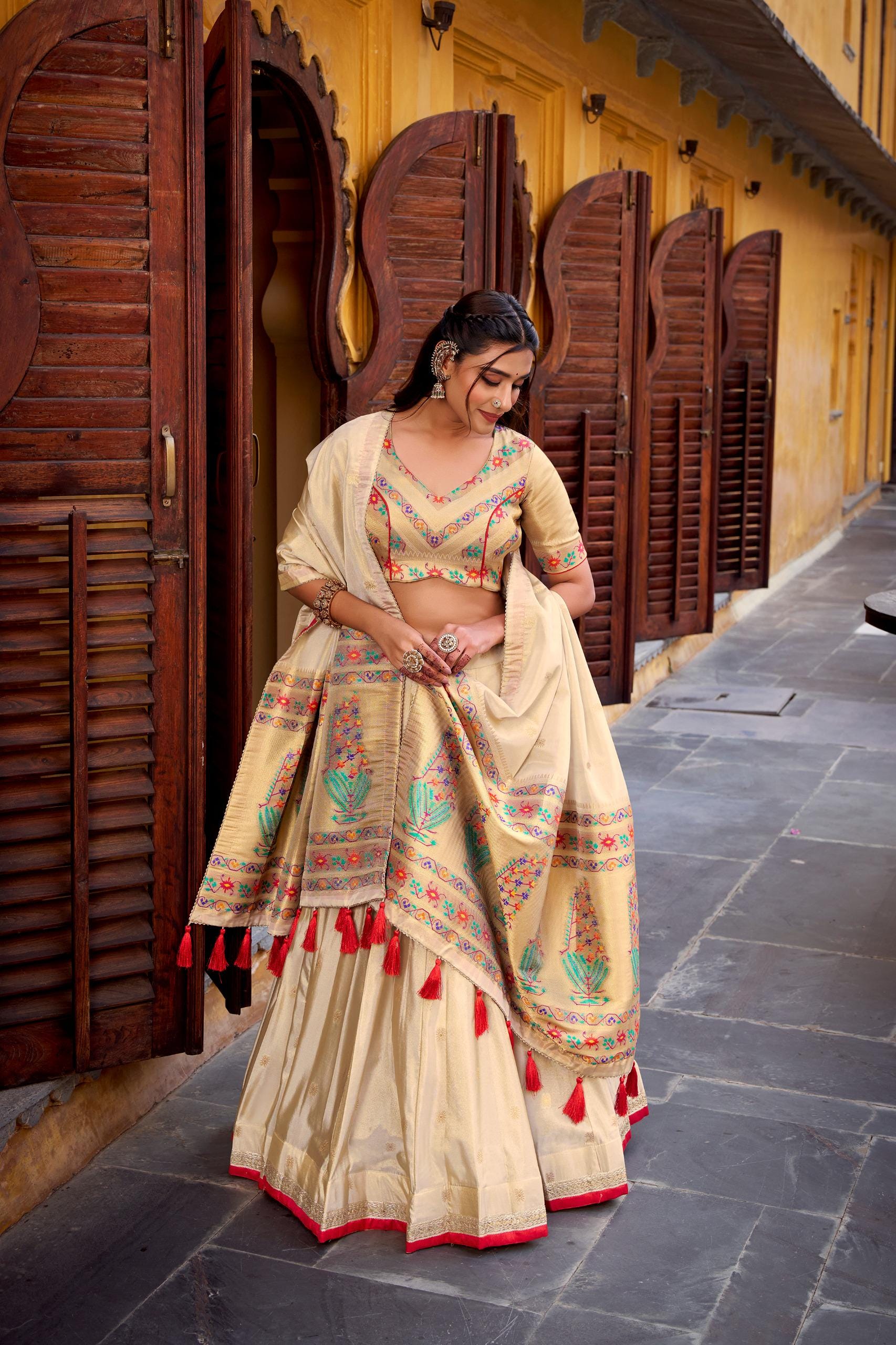 Paithani Silk Lehenga Choli — Cream & Gold Zari Weave