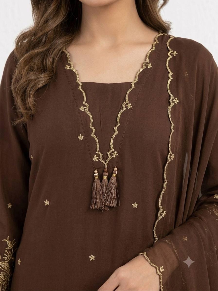 Embroidered Brown Rayon Kurta Salwar Set with Dupatta | Festive Indian Wear