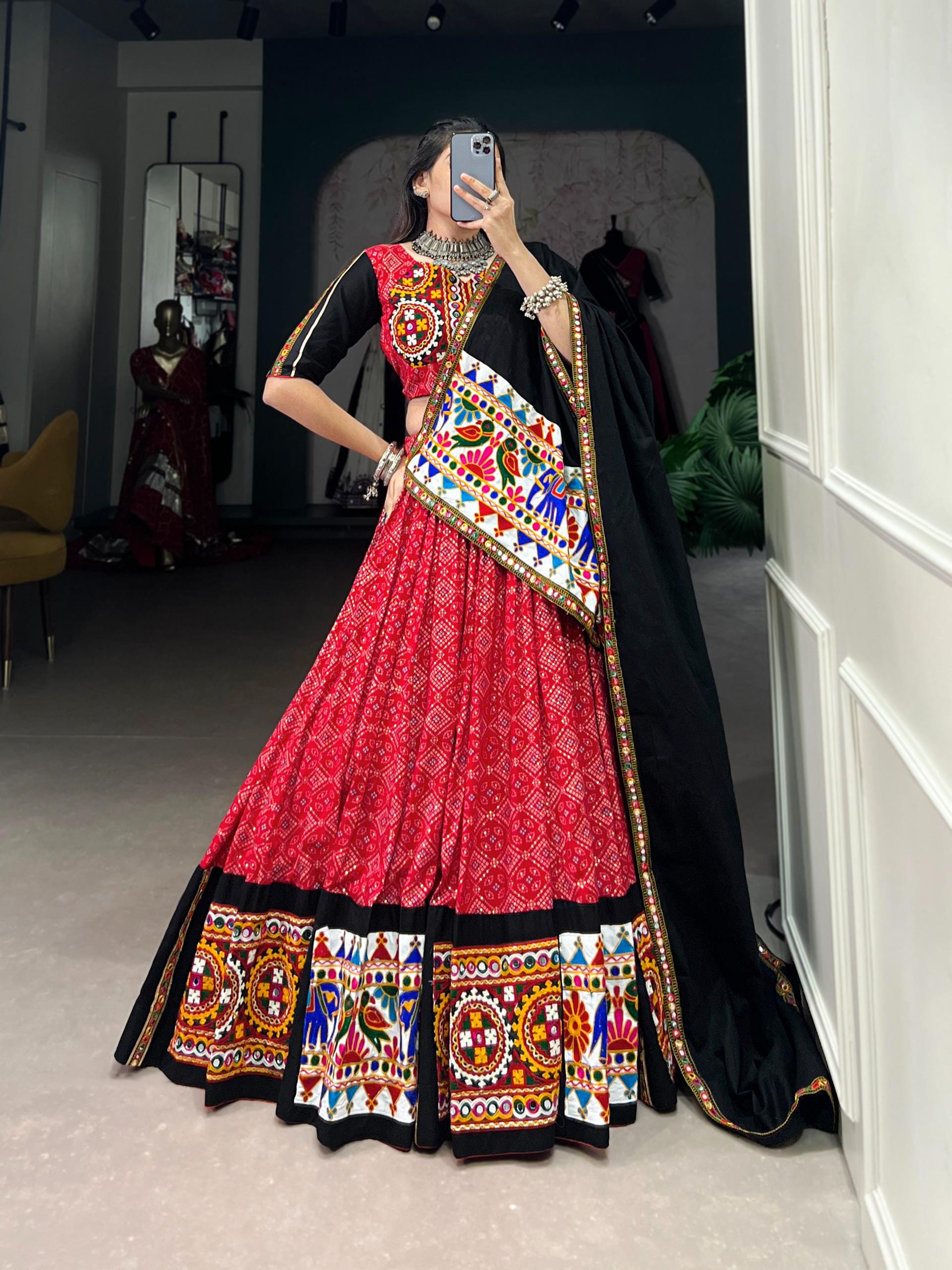 Mustard Yellow Cotton Lehenga Choli Set | Gamthi Work, Mirror Lace Ghagra Choli