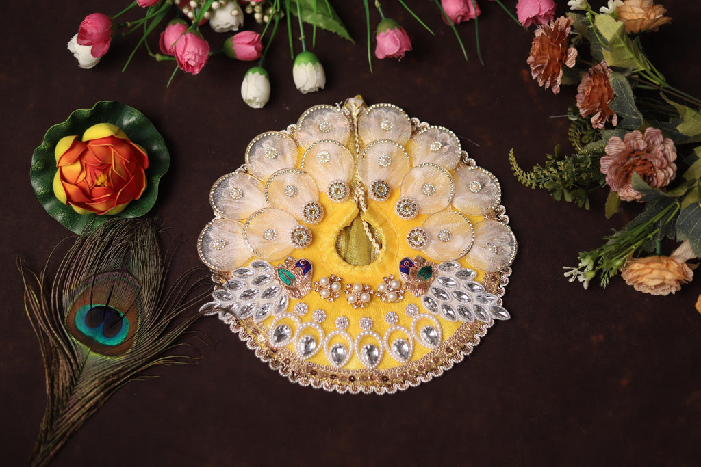 Handcrafted Kanha Ji Poshak with Elegant White Petals and Stone Work Embellishments Traditional Peacock Theme Laddu Gopal Dress