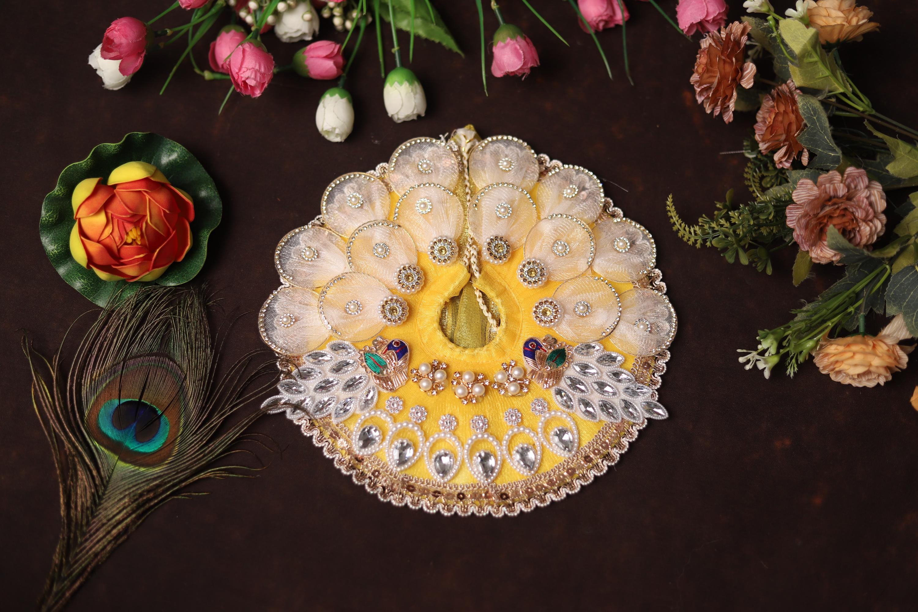 Handcrafted Kanha Ji Poshak with Elegant White Petals and Stone Work Embellishments Traditional Peacock Theme Laddu Gopal Dress