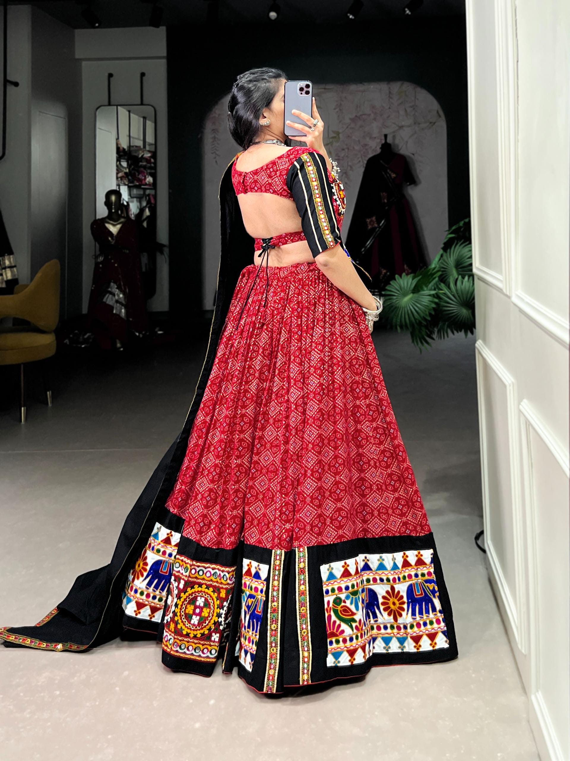 Mustard Yellow Cotton Lehenga Choli Set | Gamthi Work, Mirror Lace Ghagra Choli