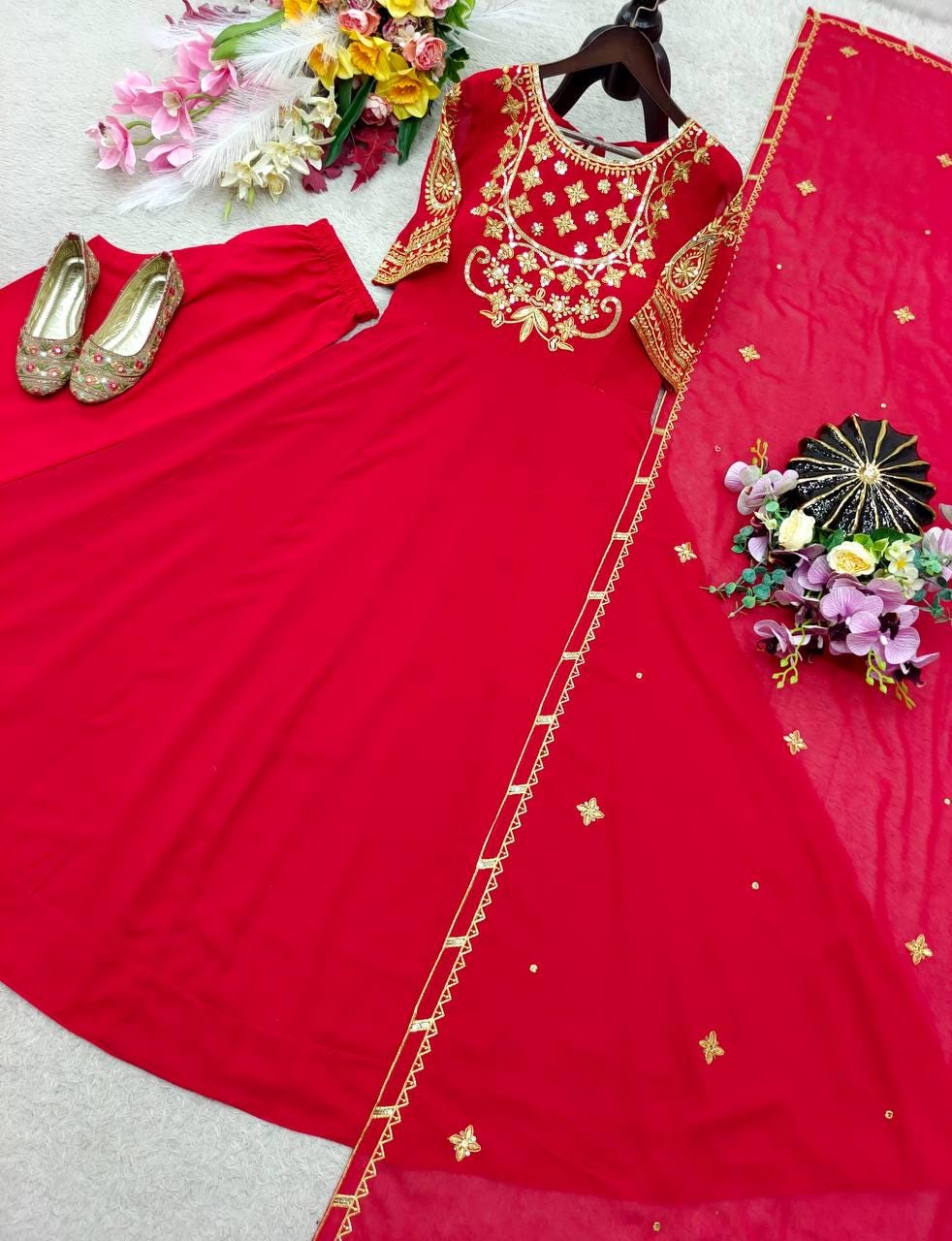 Pure Red Fox Georgette 5mm Sequence Embroidery Gown Pant Set | Stitched Anarkali Suit | Indian Wedding Party Wear Dress for Women
