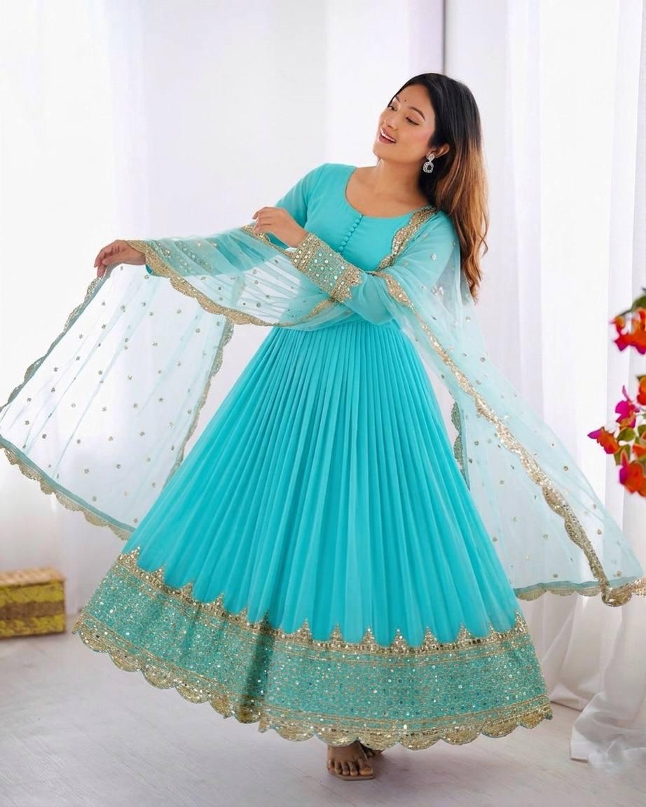 Embroidered Anarkali Gown Set, Faux Georgette Sequence Work, Ready to Wear Ethnic Dress