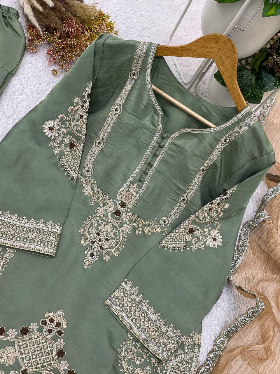 Designer Sage Green Glass Satin Kurta Set with Dupatta | Embroidered Indian Wedding Party Wear