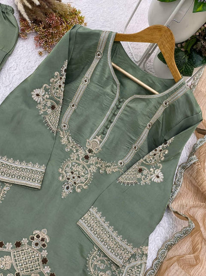 Designer Sage Green Glass Satin Kurta Set with Dupatta | Embroidered Indian Wedding Party Wear