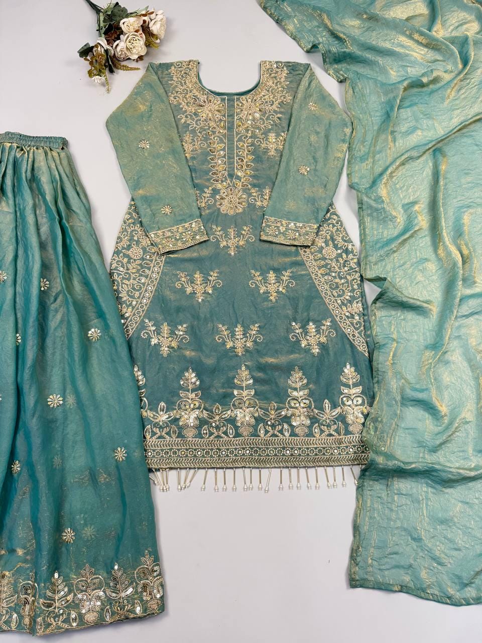 Designer Dusty Green Silk Embroidered Salwar Set with Dupatta | Wedding Party Wear