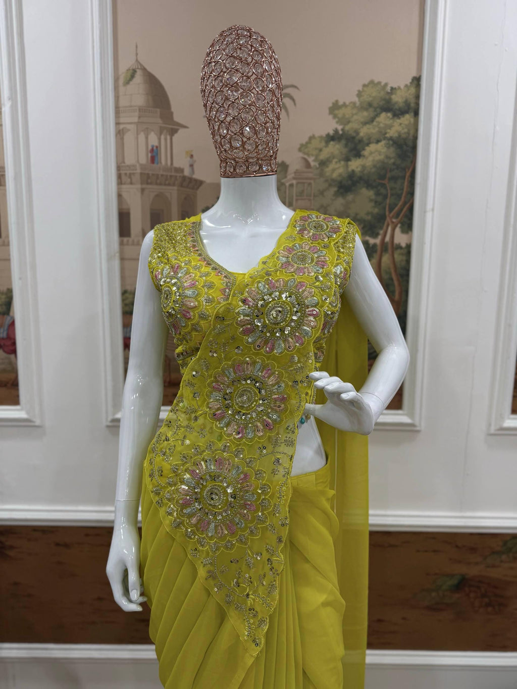 Ready-to-Wear Yellow Faux Georgette Drape Saree with Sequins Work, Stitched Blouse