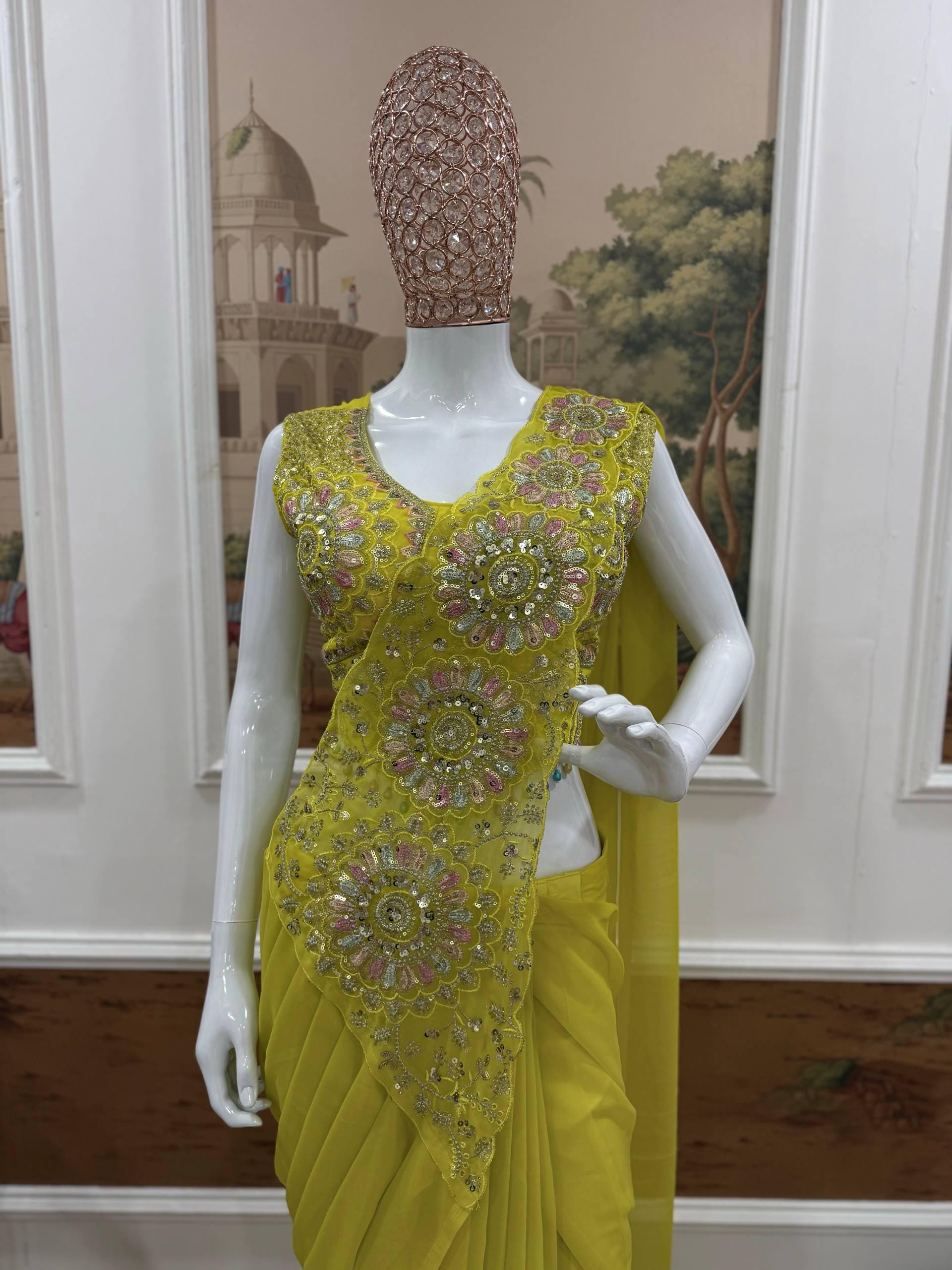 Ready-to-Wear Yellow Faux Georgette Drape Saree with Sequins Work, Stitched Blouse