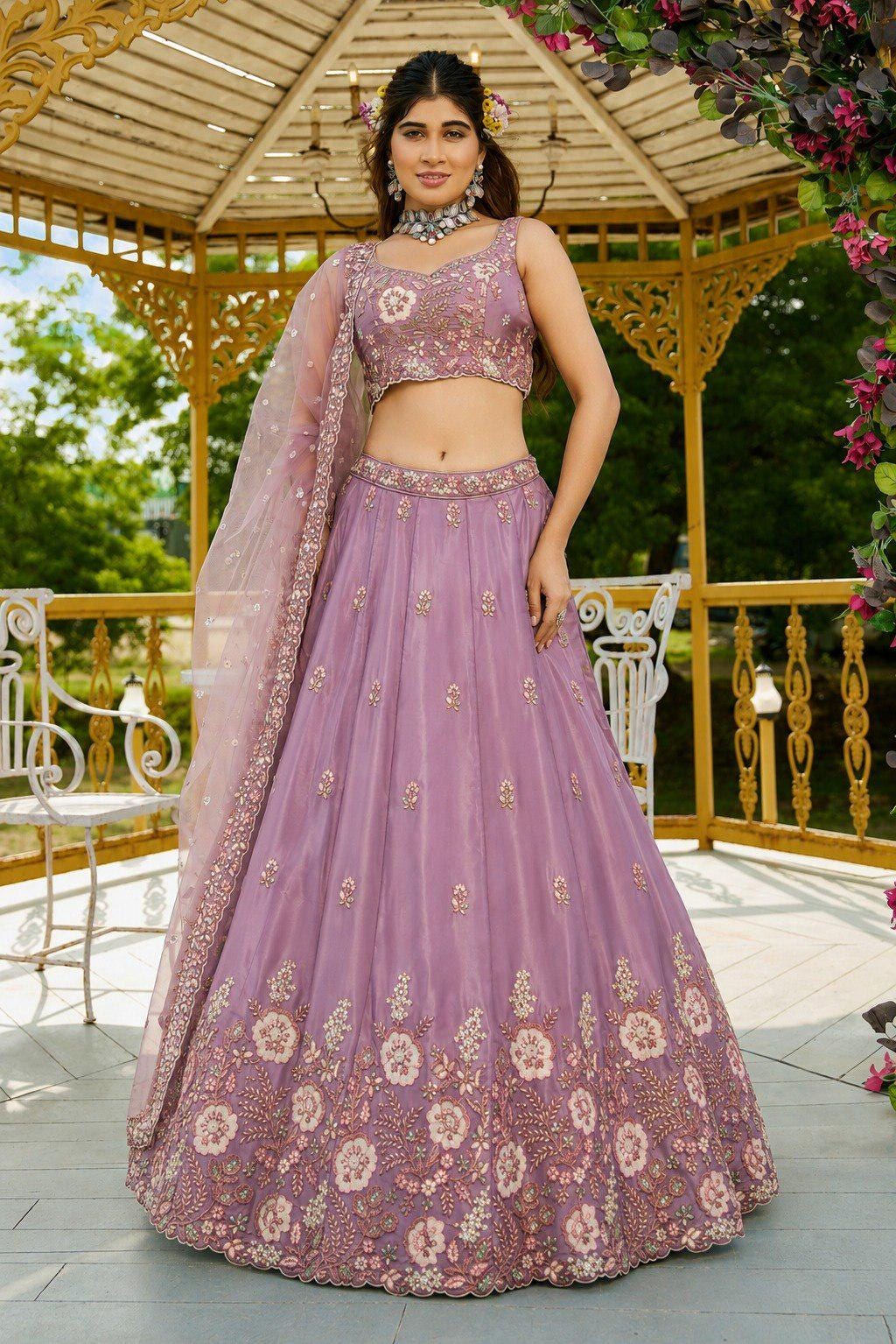 Dusty Purple Embroidered Lehenga Choli Set, French Crepe Dupatta, Wedding Wear