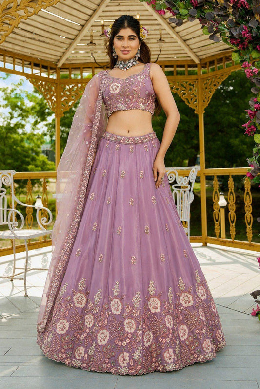 Dusty Purple Embroidered Lehenga Choli Set, French Crepe Dupatta, Wedding Wear
