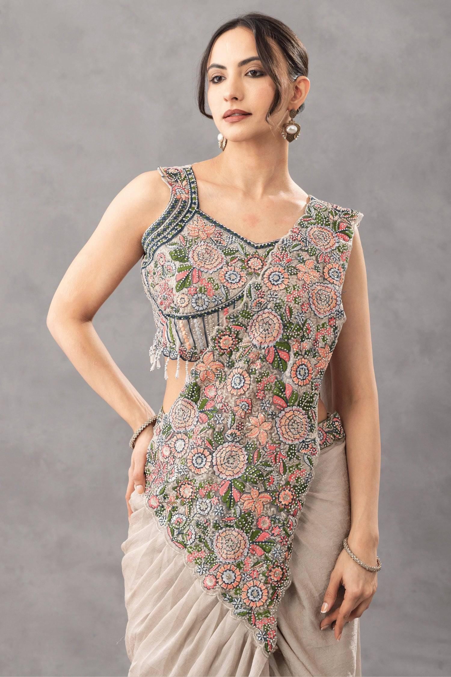 Ready-to-Wear White Chinon Silk Saree with Sequin Work