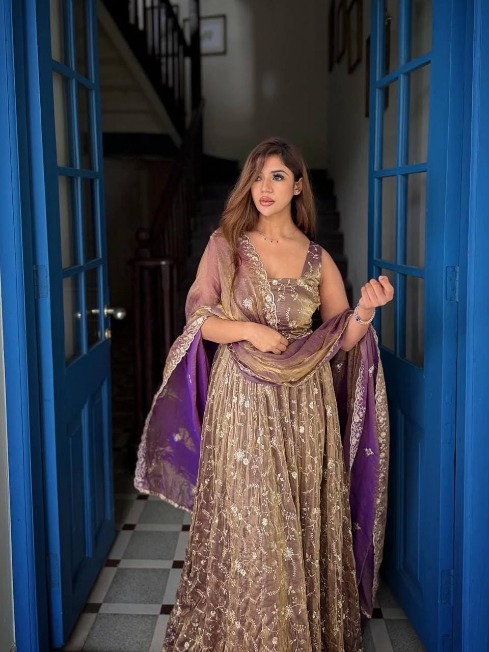 Dusty Purple Fendy Silk Gown Set with Sequence Embroidery (Ready to Wear)