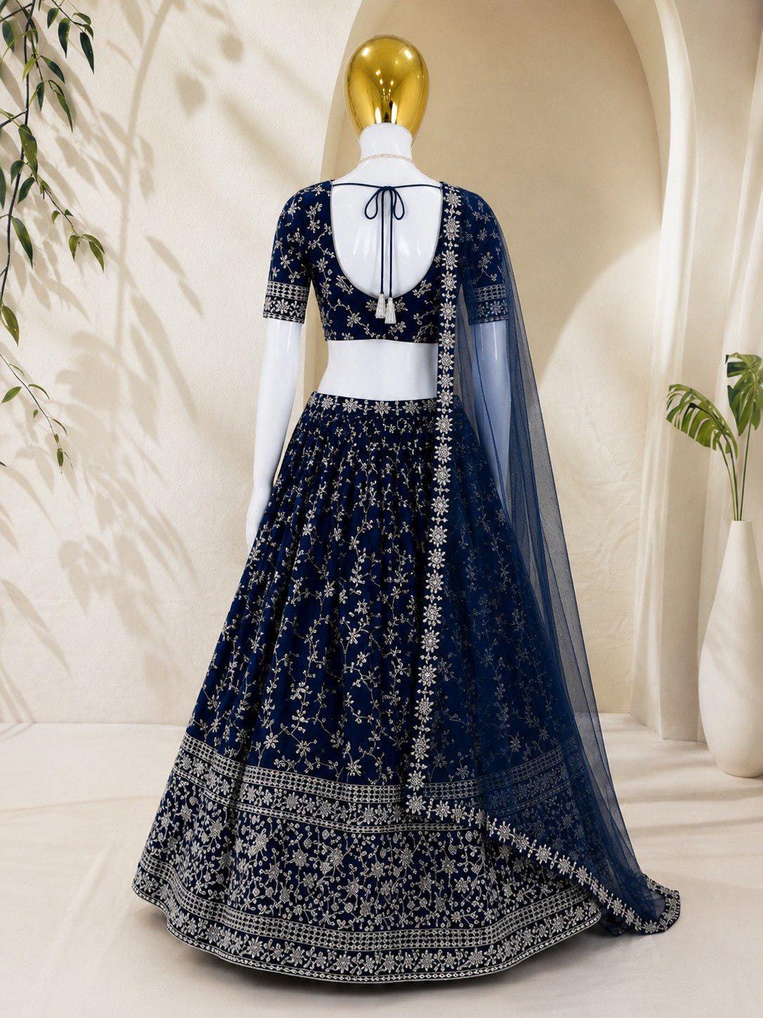 Designer Indian Wedding Lehenga Choli Set: Royal Blue Georgette Embroidery (Made To Order)