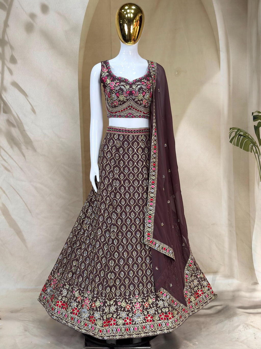 Designer Indian Wedding Lehenga Choli: Dark Brown Georgette Embroidery (Made To Order)