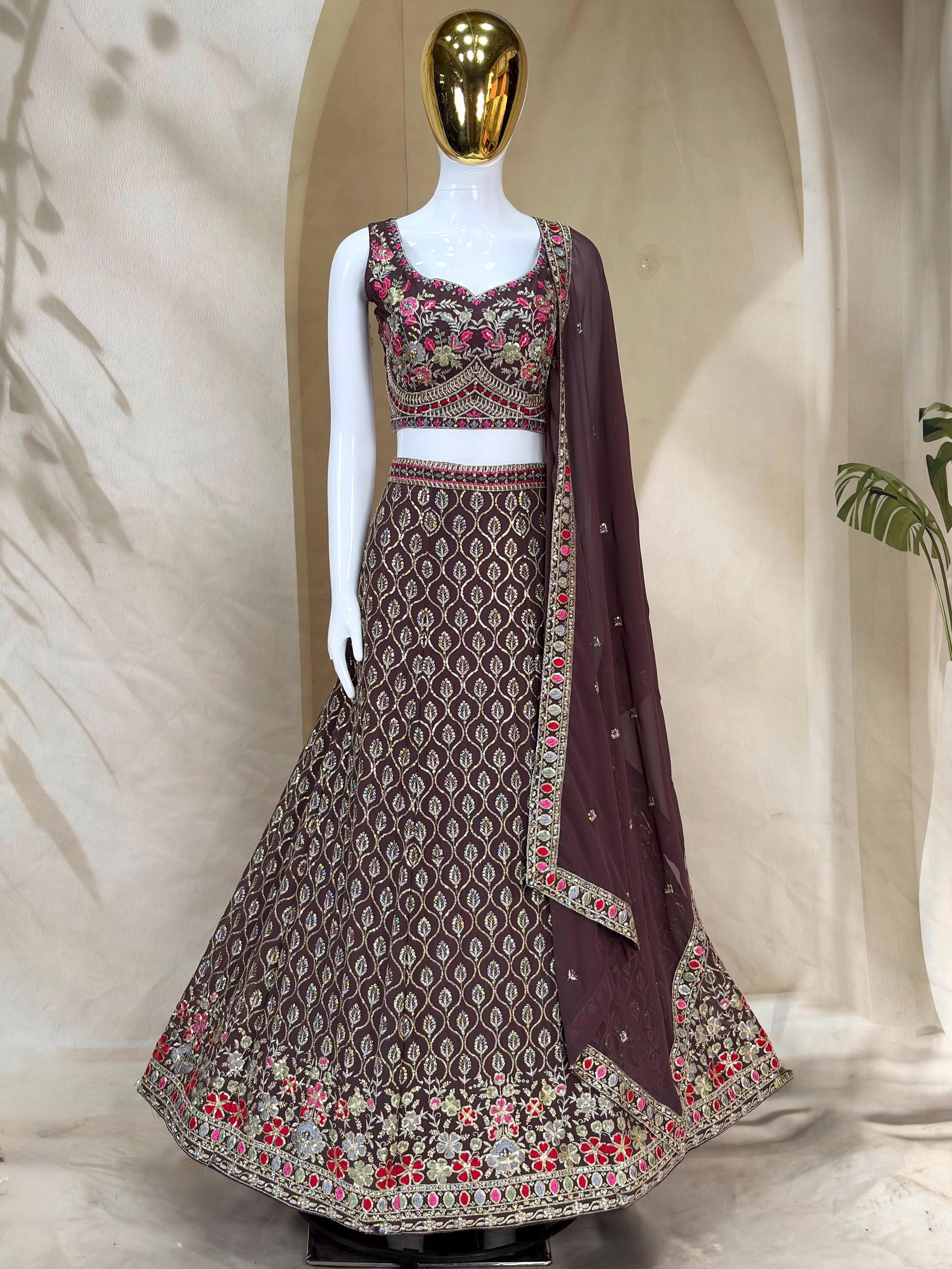Designer Indian Wedding Lehenga Choli: Dark Brown Georgette Embroidery (Made To Order)