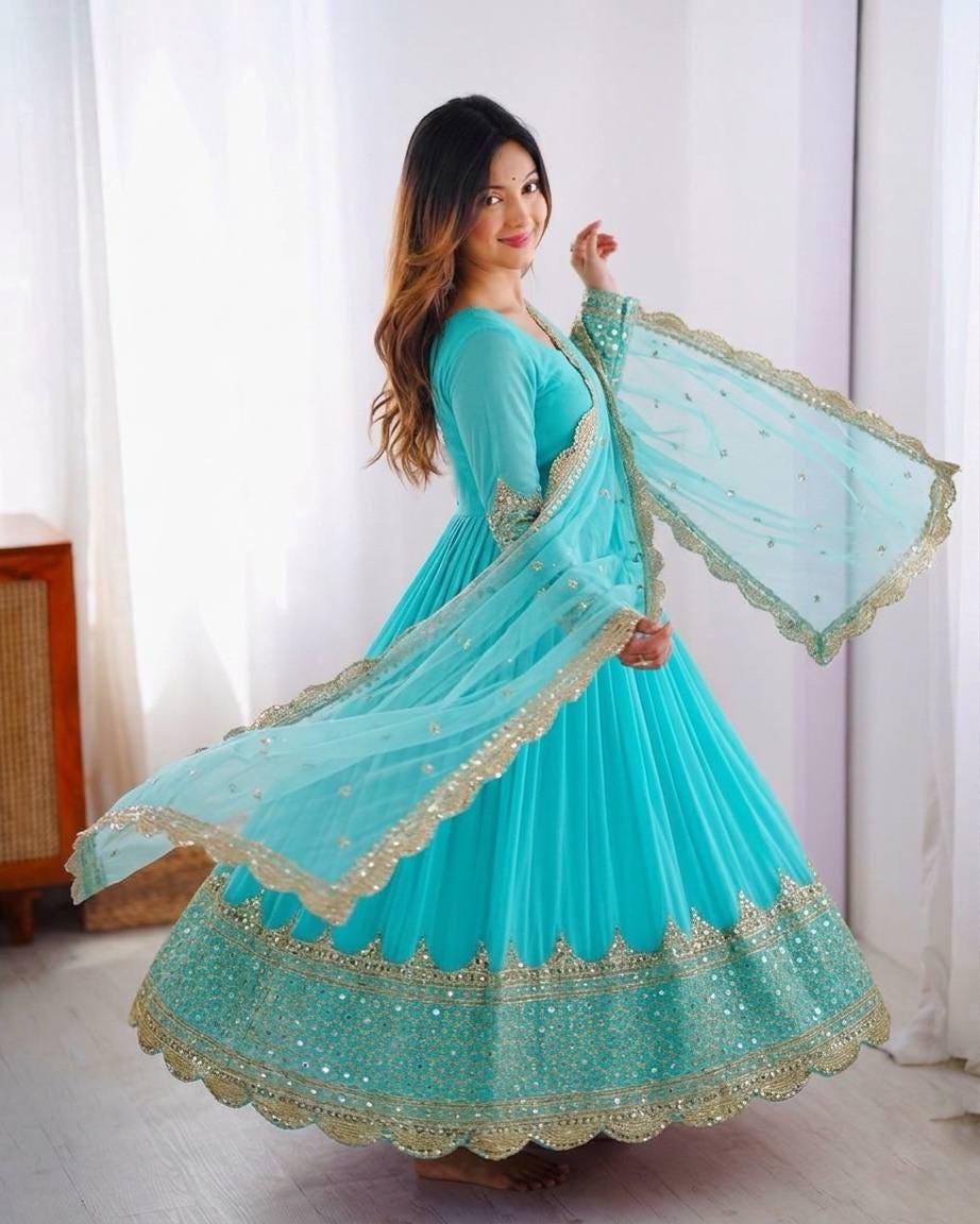 Embroidered Anarkali Gown Set, Faux Georgette Sequence Work, Ready to Wear Ethnic Dress