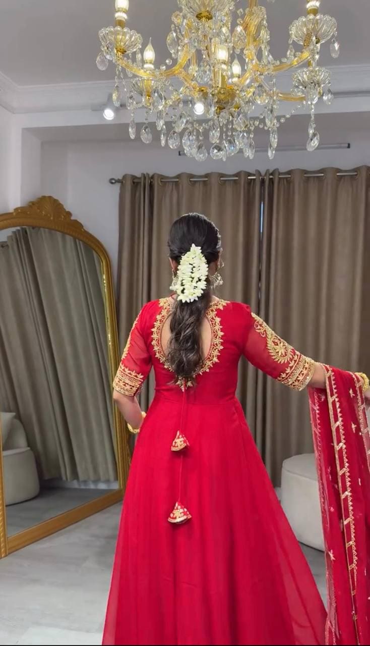 Pure Red Fox Georgette 5mm Sequence Embroidery Gown Pant Set | Stitched Anarkali Suit | Indian Wedding Party Wear Dress for Women