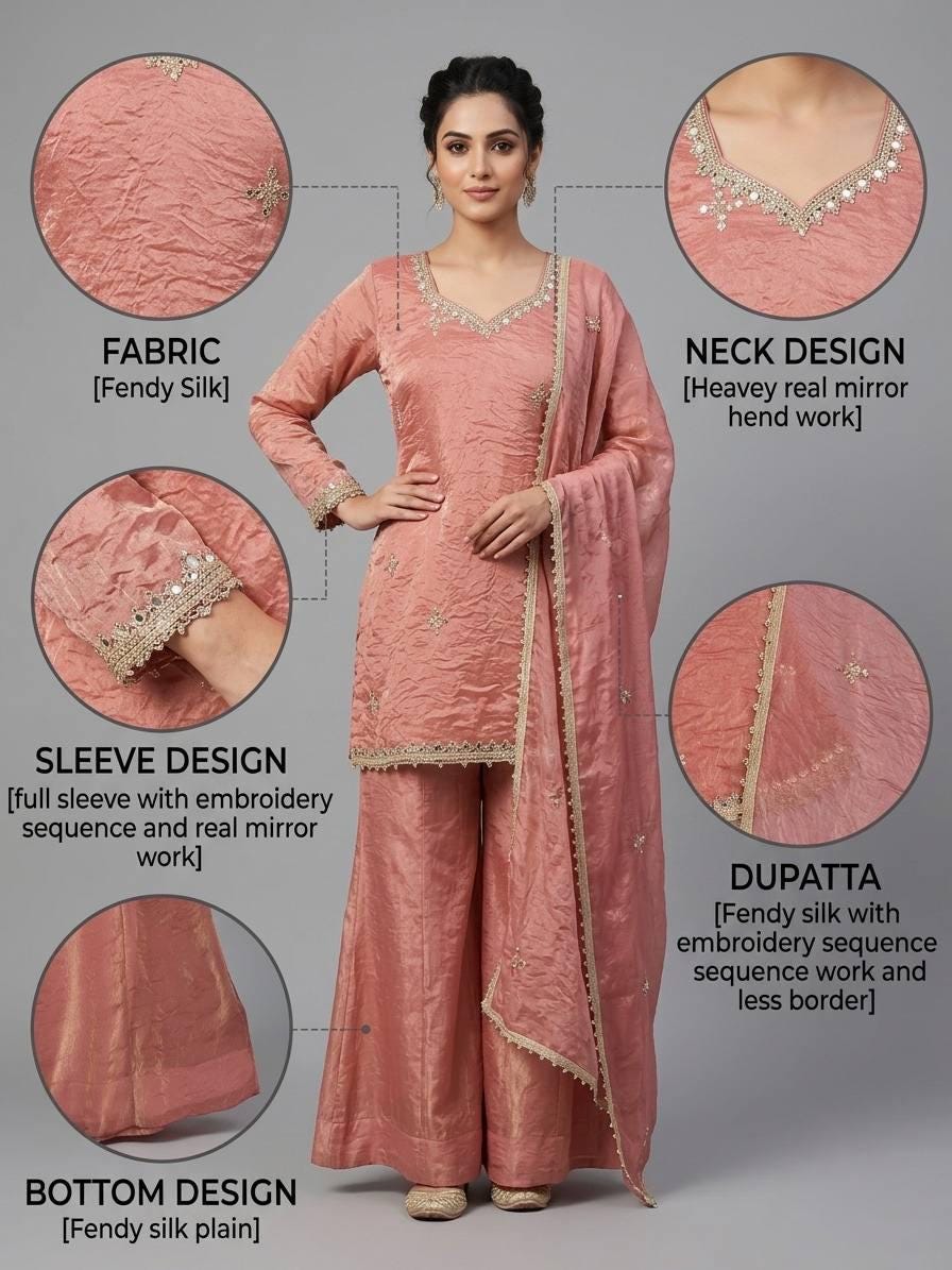 Designer Fendy Silk Sharara Suit Set: Rosy Pink Embroidery, Real Mirror Work Festive Wear