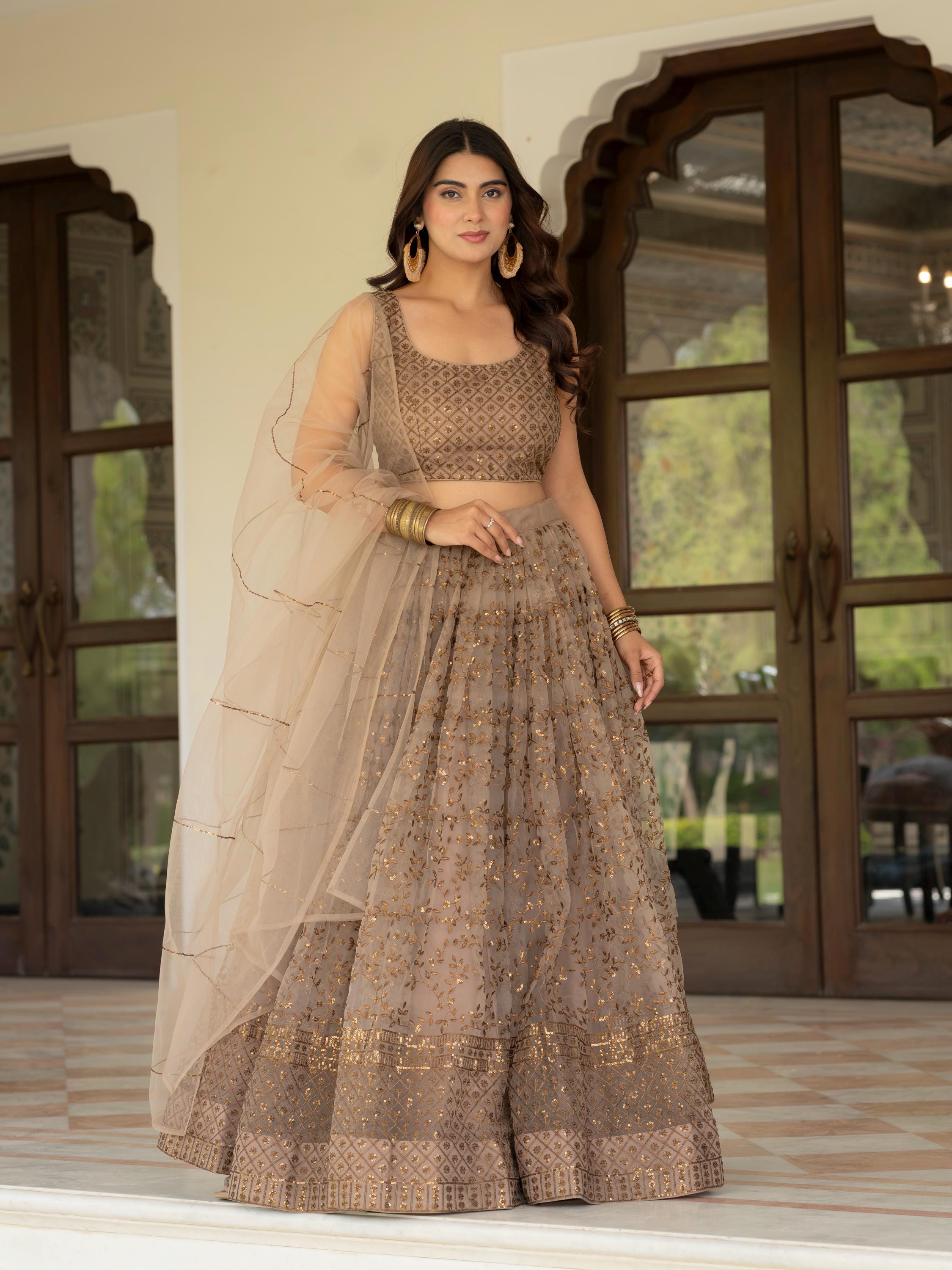 Muted Beige Net Lehenga Choli Set: Zari Sequence Embroidery Indian Wedding Outfit