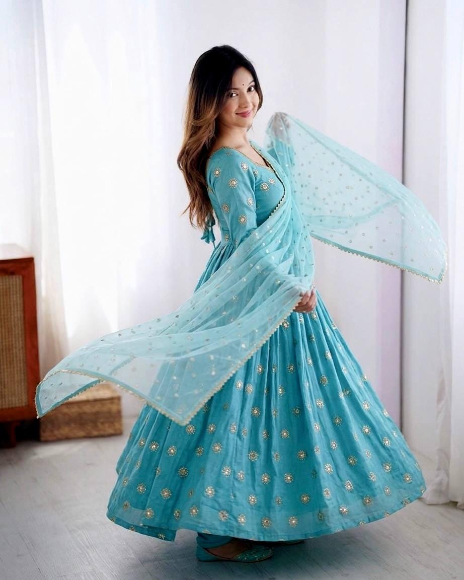 Blue Silk Gown, Long Sleeve Mirror Work, Full Flair Prom Dress